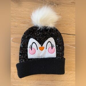 Sequin Penguin Beanie with Pom Pom - Black and White